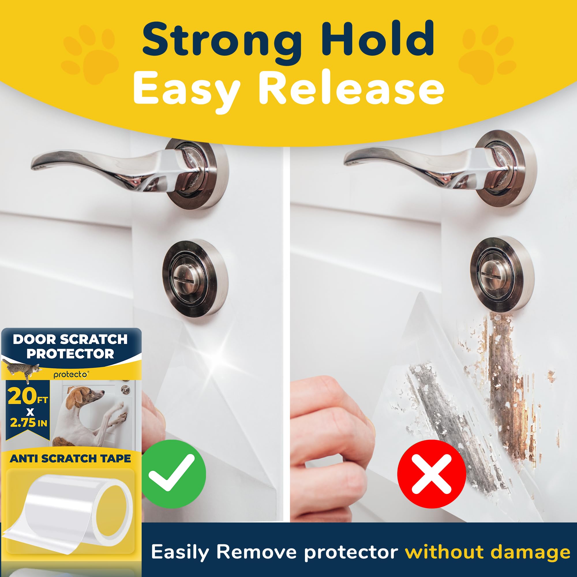Protecto Cat & Dog Scratch Door Protector - 2.75'' X 20Ft Clear Wall Protector For Pet Scratching - Sticky And Self-Adhesive Det
